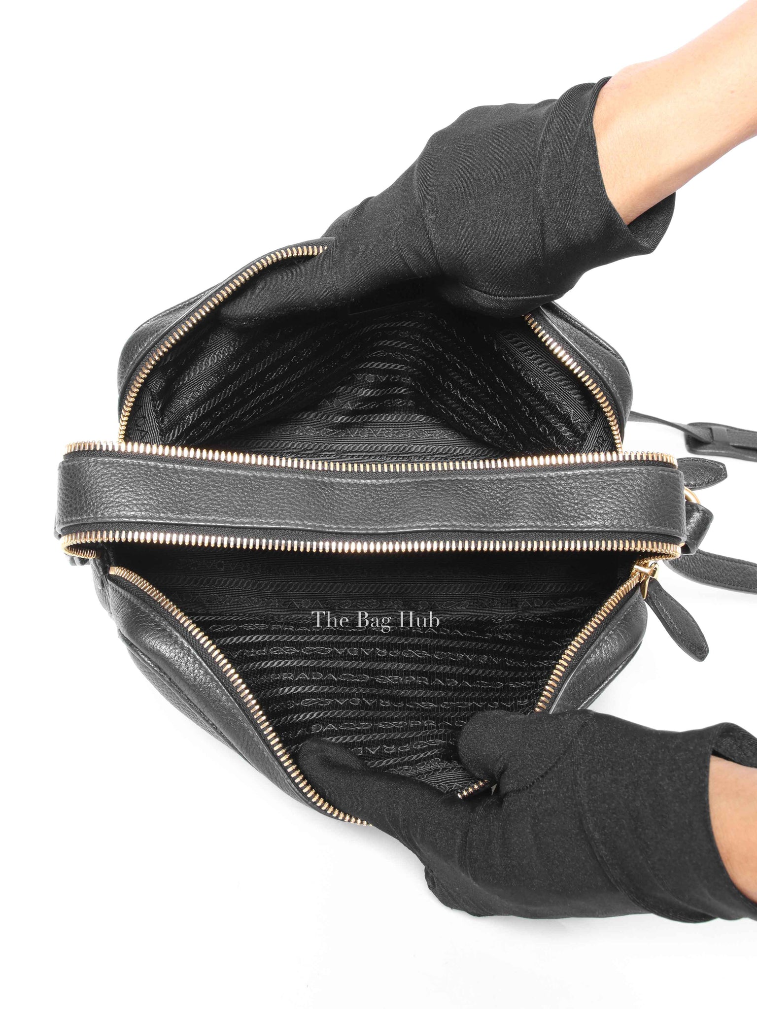 Prada Black Vitello Phenix Double Zip Camera Bag