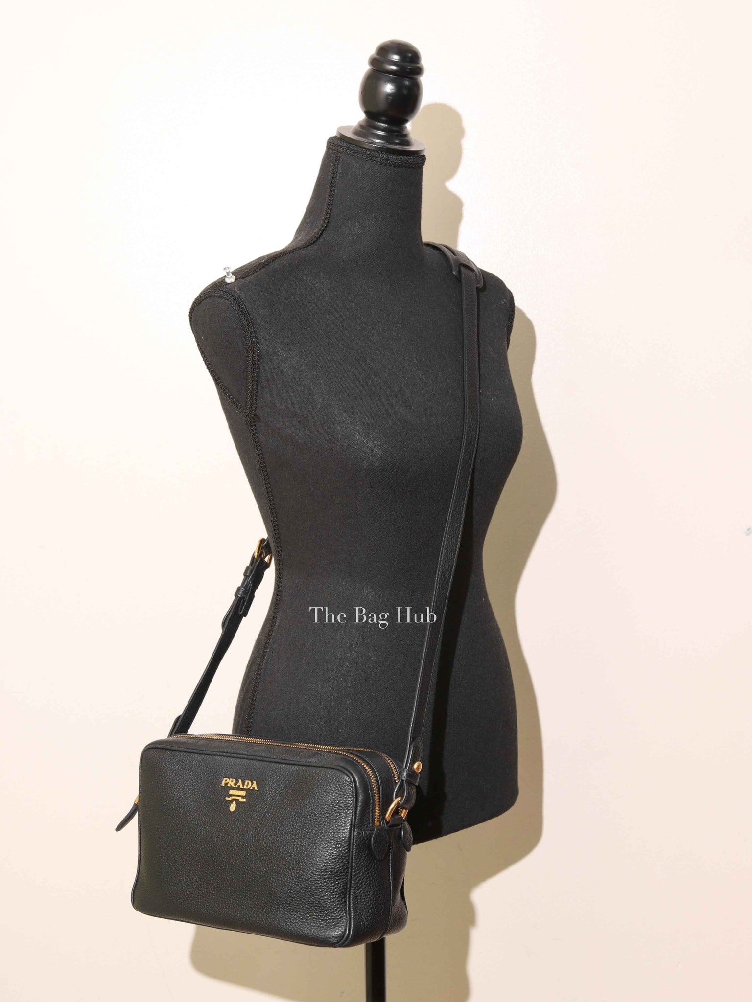 Prada Black Vitello Phenix Double Zip Camera Bag