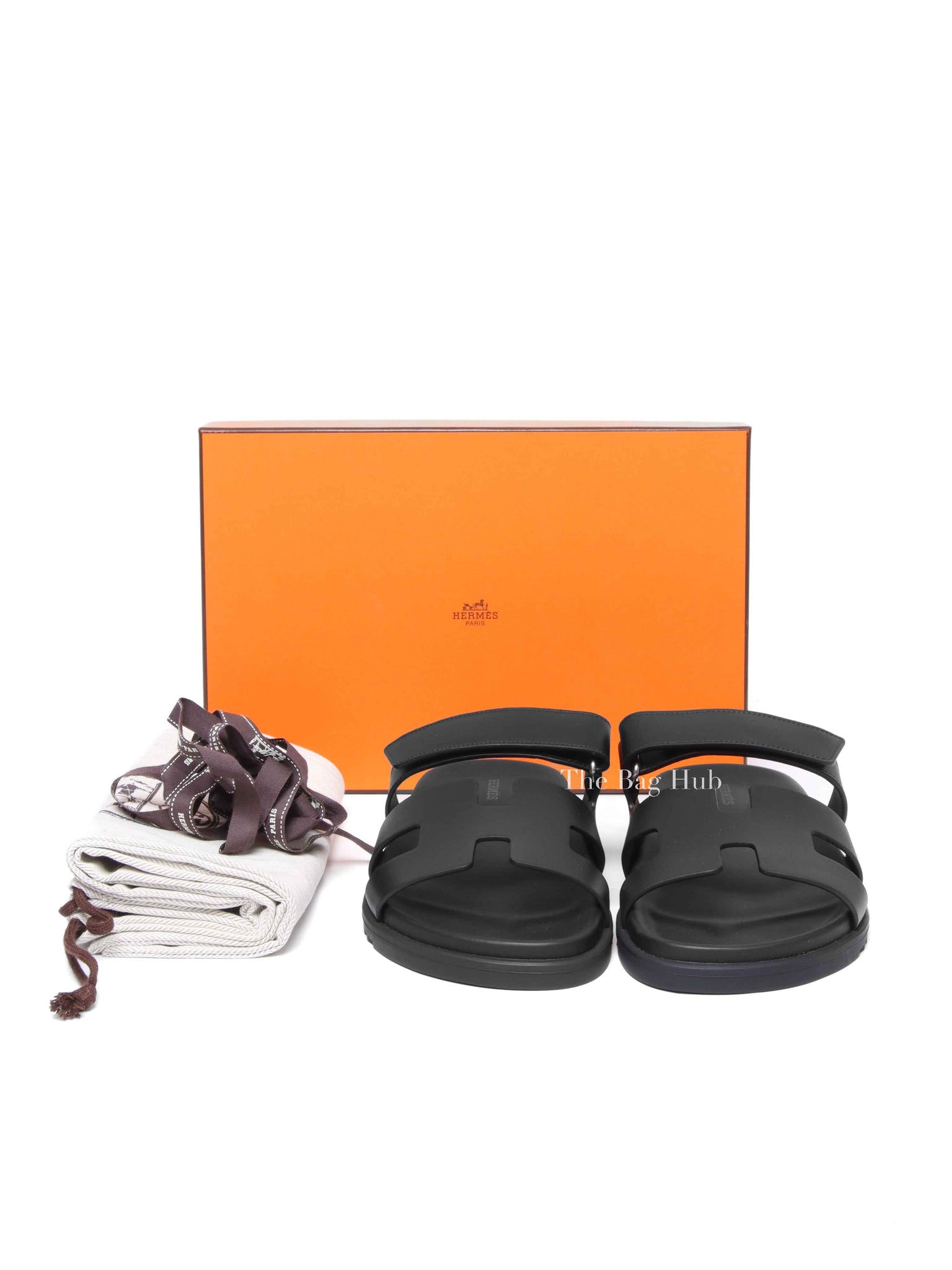 Hermes Black Leather Chypre Sandals Size 40.5