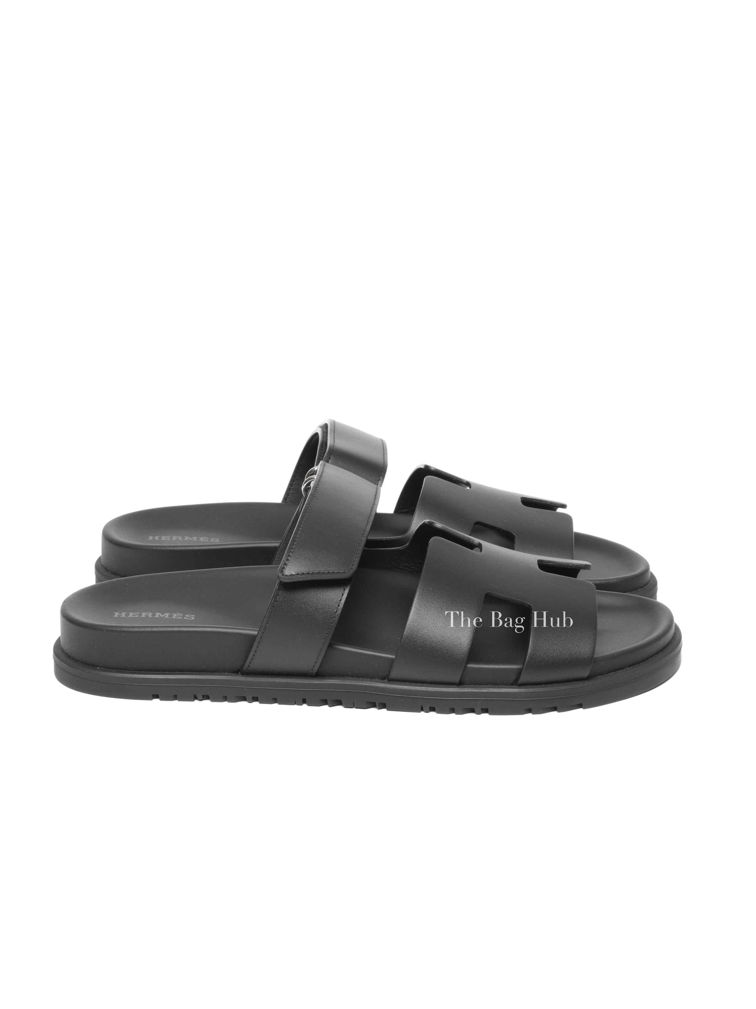Hermes Black Leather Chypre Sandals Size 40.5
