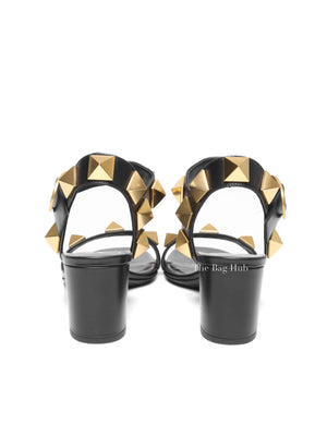 Valentino Garavani Black Leather Roman Stud Ankle Strap Sandals Size 37.5