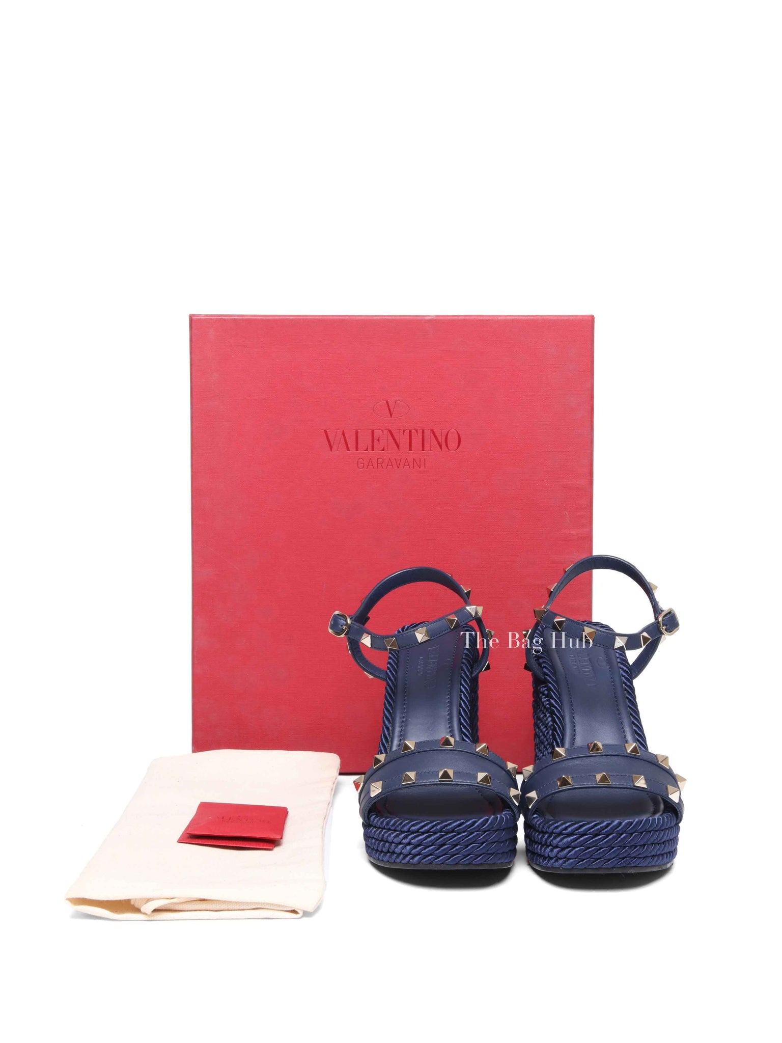 Valentino Garavani Navy Blue Rockstud Torchon Espadrille Wedge Size 38