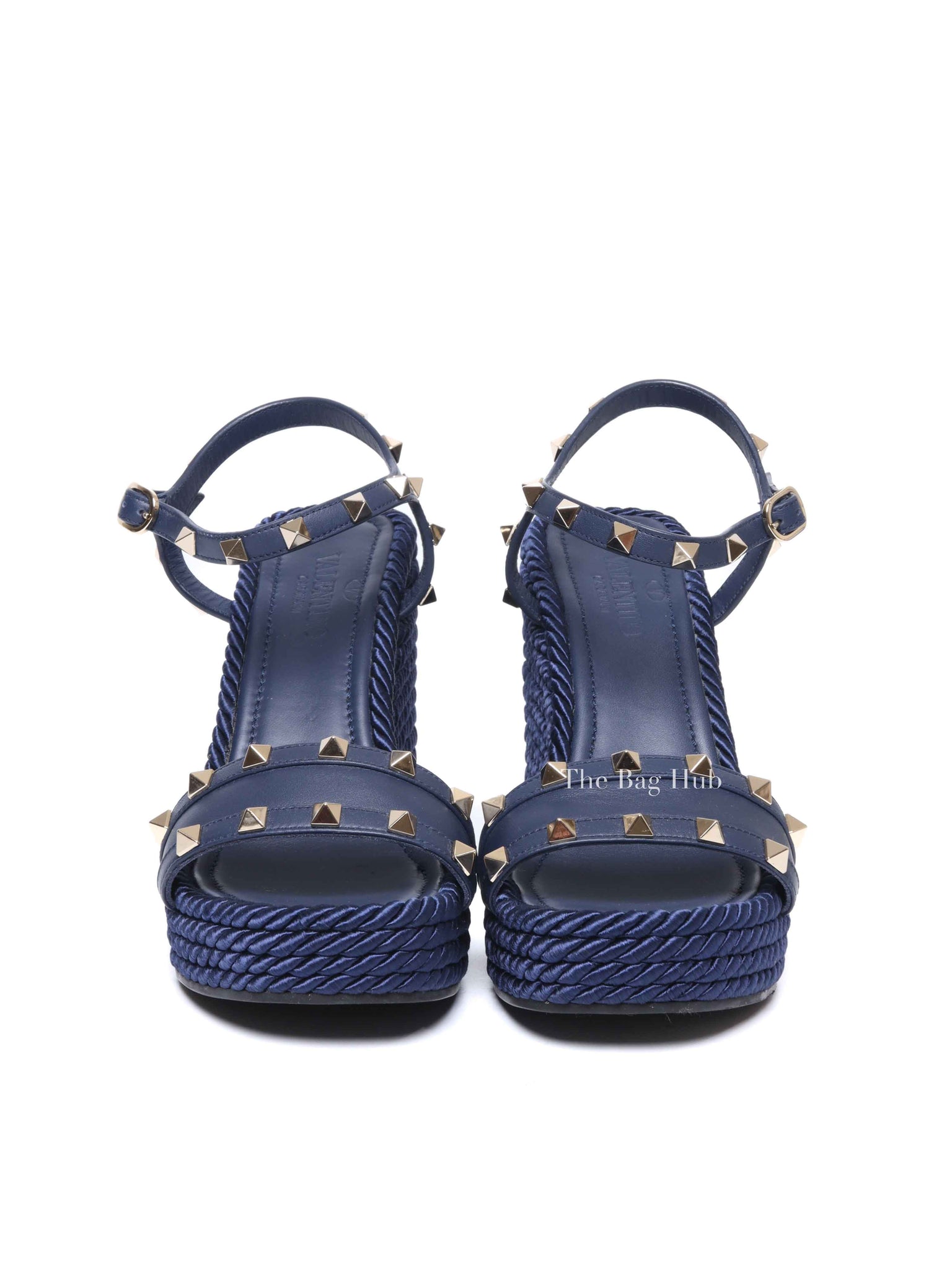 Valentino Garavani Navy Blue Rockstud Torchon Espadrille Wedge Size 38