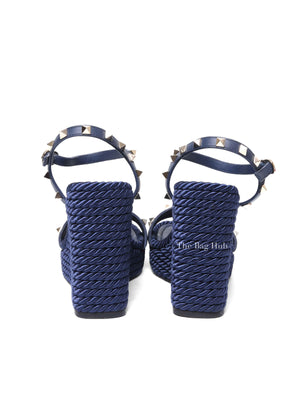 Valentino Garavani Navy Blue Rockstud Torchon Espadrille Wedge Size 38