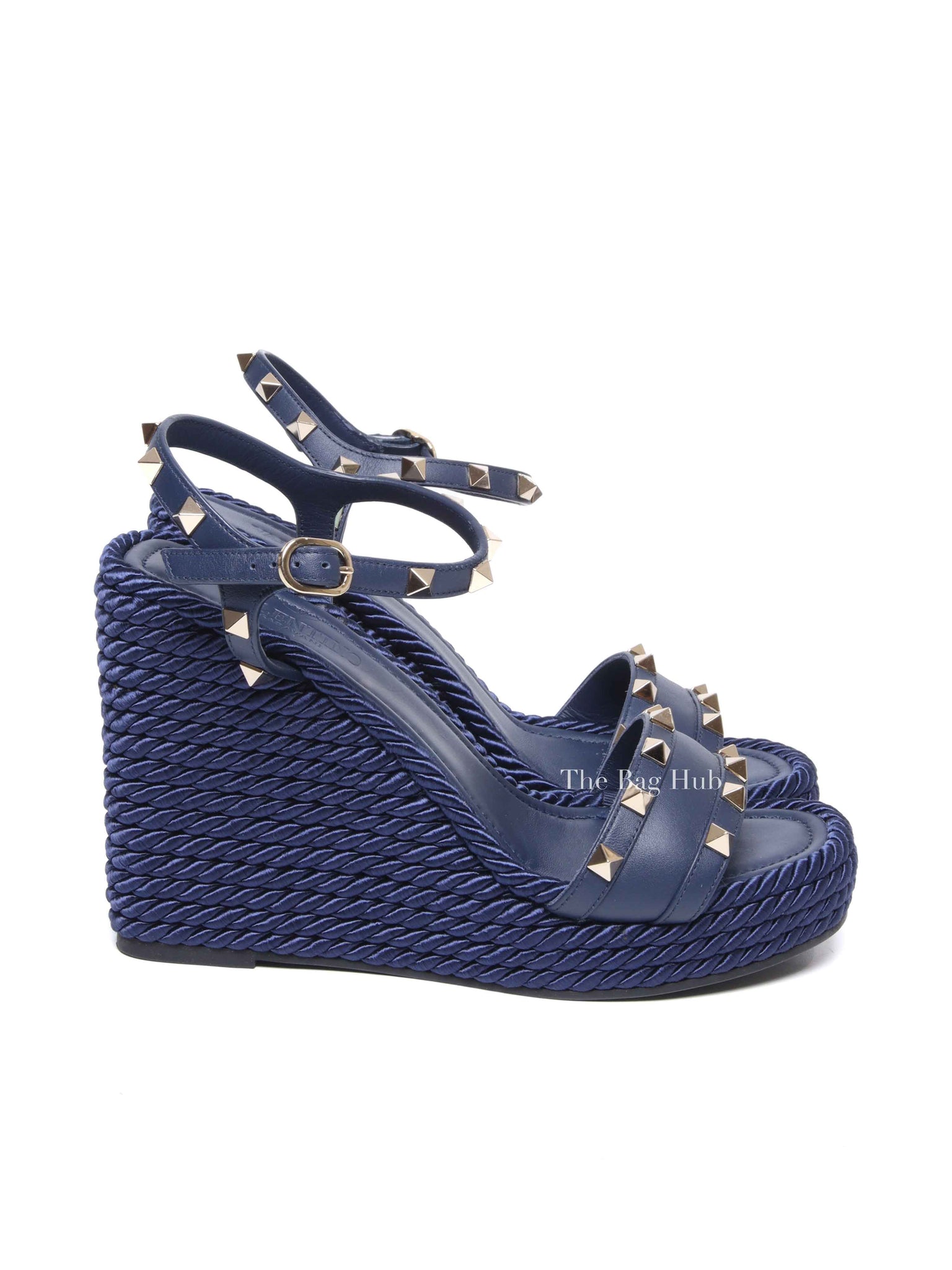 Valentino Garavani Navy Blue Rockstud Torchon Espadrille Wedge Size 38