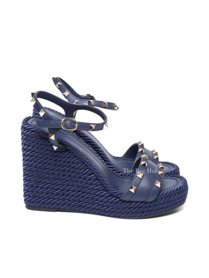 Valentino Garavani Navy Blue Rockstud Torchon Espadrille Wedge Size 38
