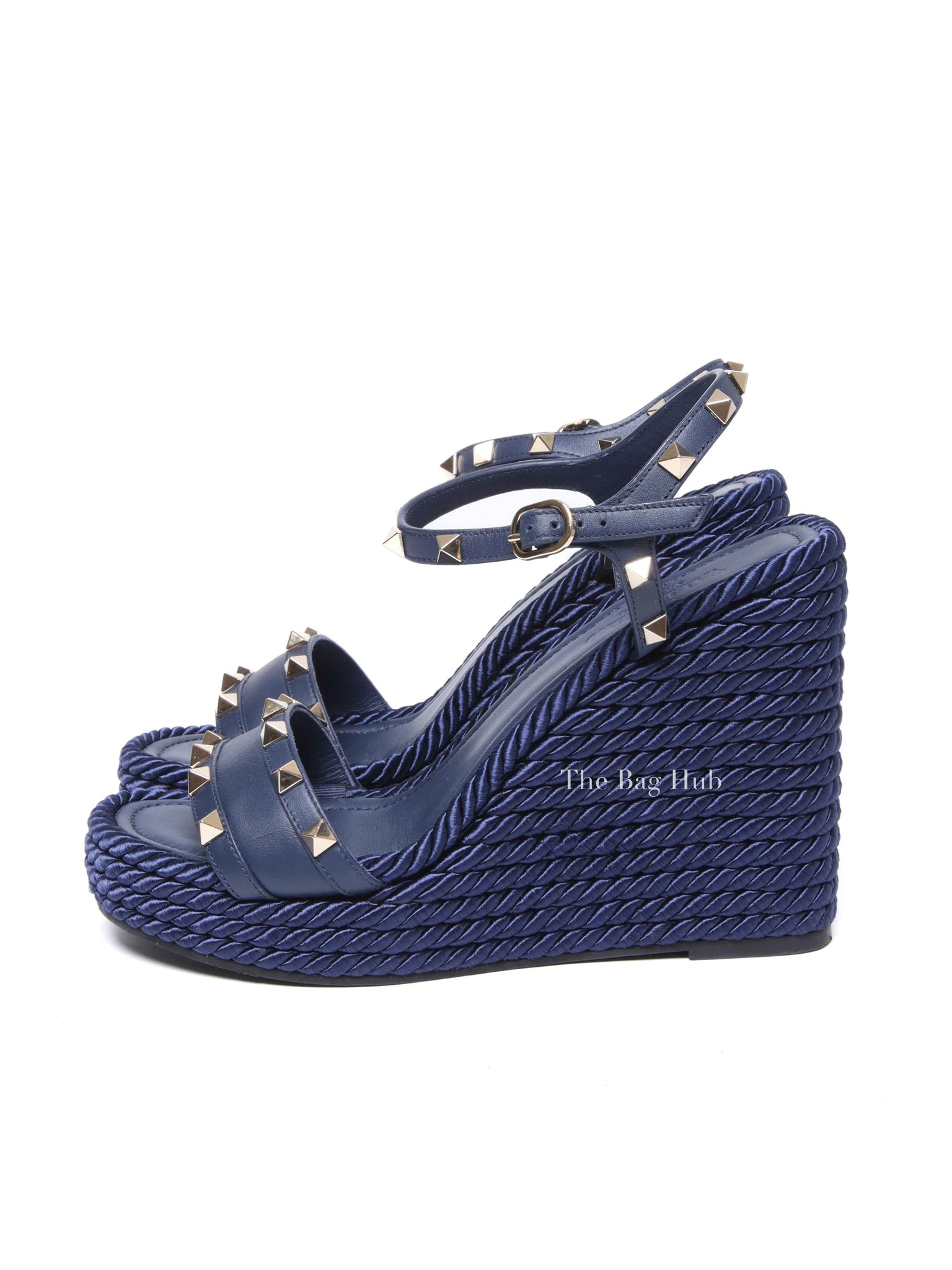 Valentino Garavani Navy Blue Rockstud Torchon Espadrille Wedge Size 38