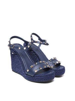 Valentino Garavani Navy Blue Rockstud Torchon Espadrille Wedge Size 38