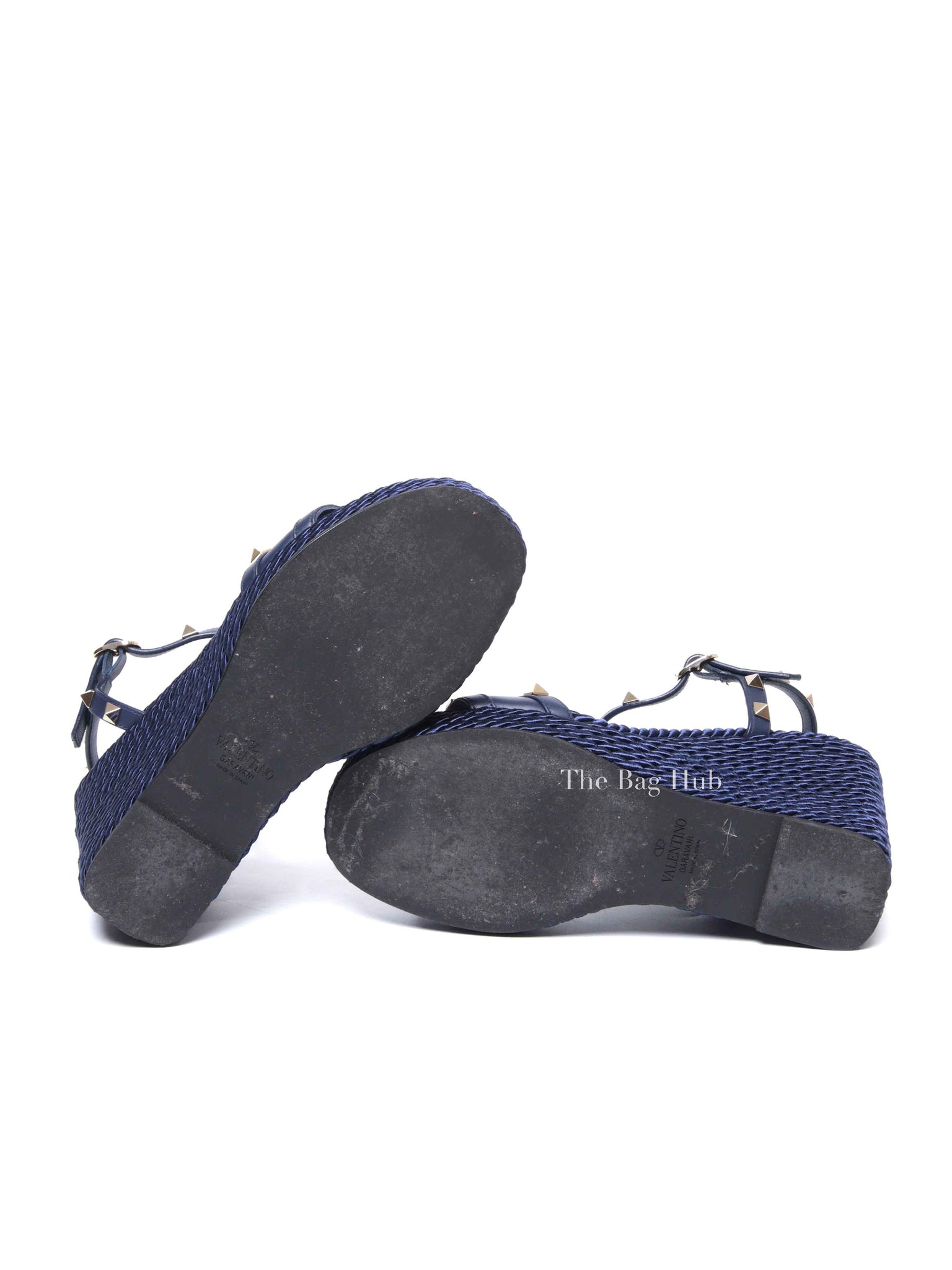 Valentino Garavani Navy Blue Rockstud Torchon Espadrille Wedge Size 38