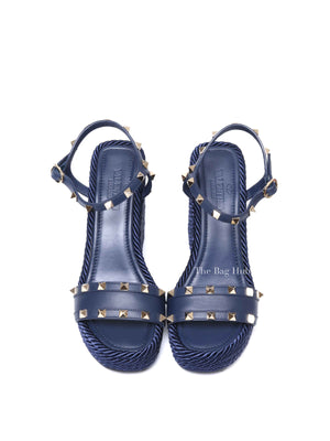 Valentino Garavani Navy Blue Rockstud Torchon Espadrille Wedge Size 38
