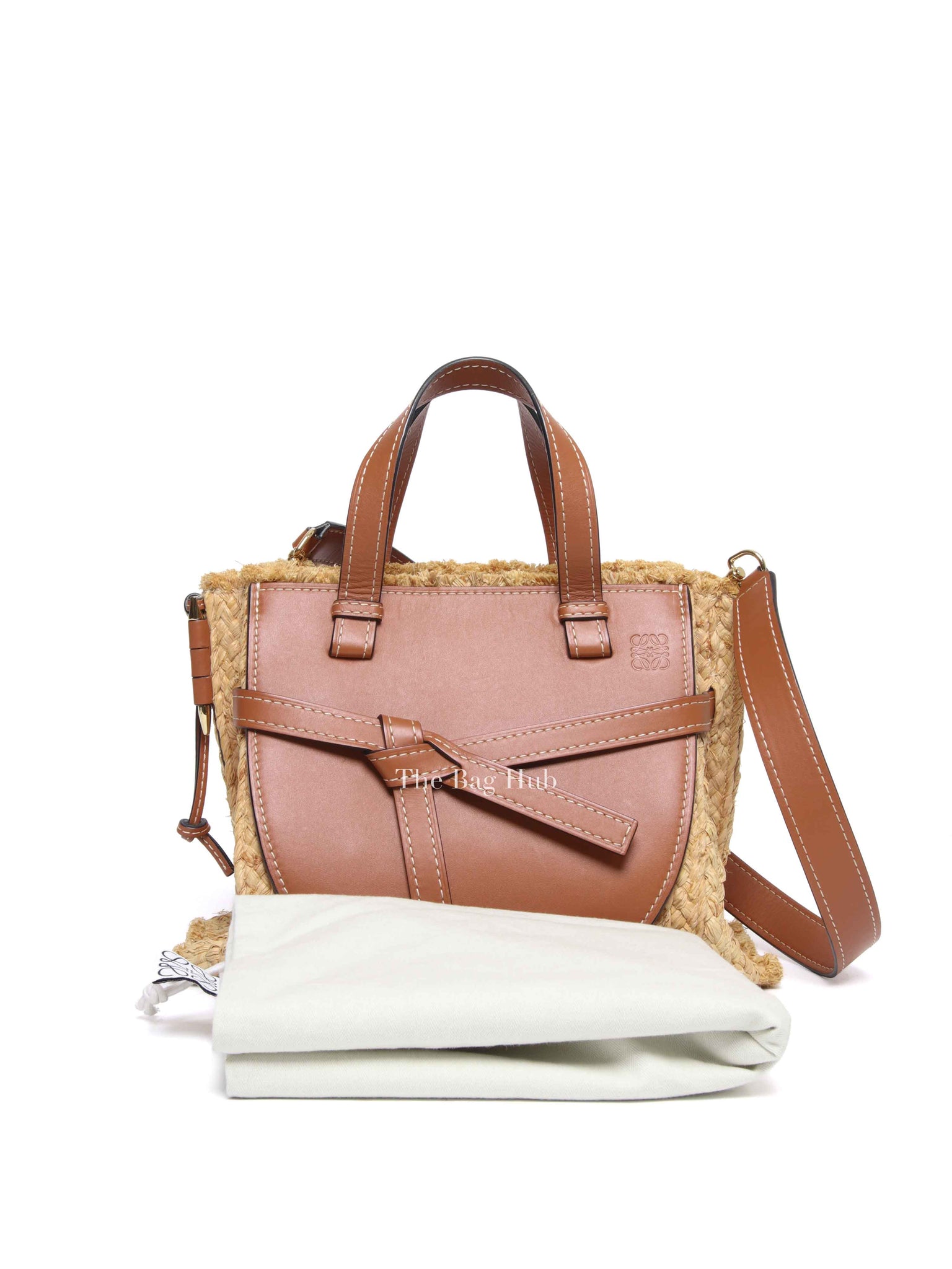Loewe Tan Neutral Calfskin Leather Raffia Gate Bag