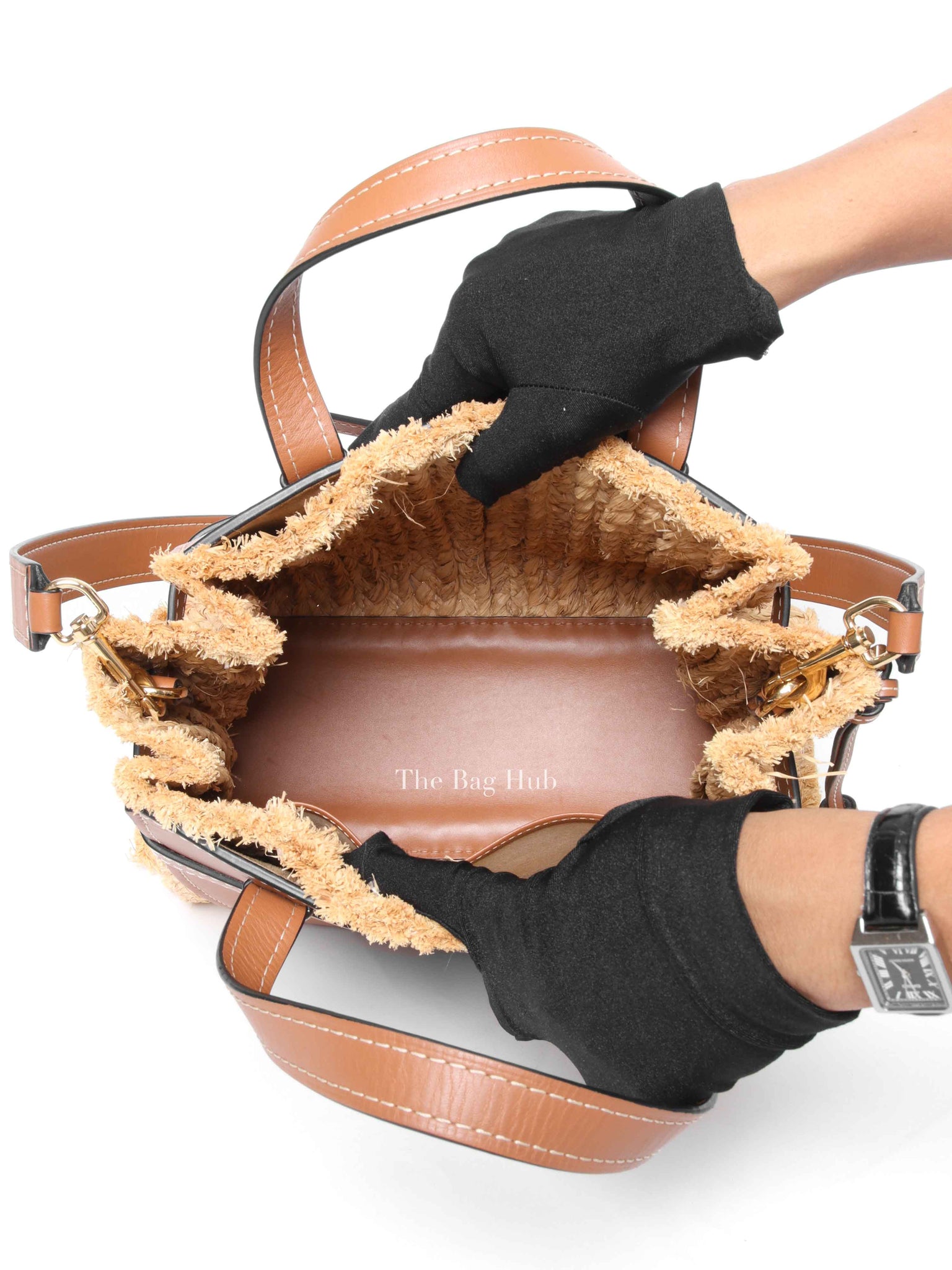 Loewe Tan Neutral Calfskin Leather Raffia Gate Bag
