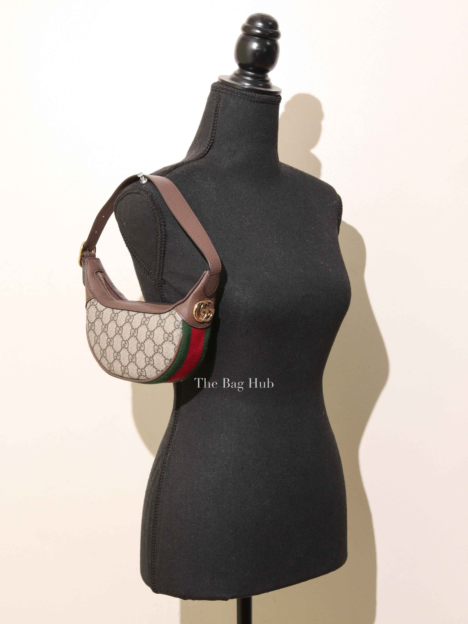 Gucci Beige Ebony Canvas And Leather GG Supreme Monogram New Acero Web Ophidia Half Moon Mini Hobo Bag