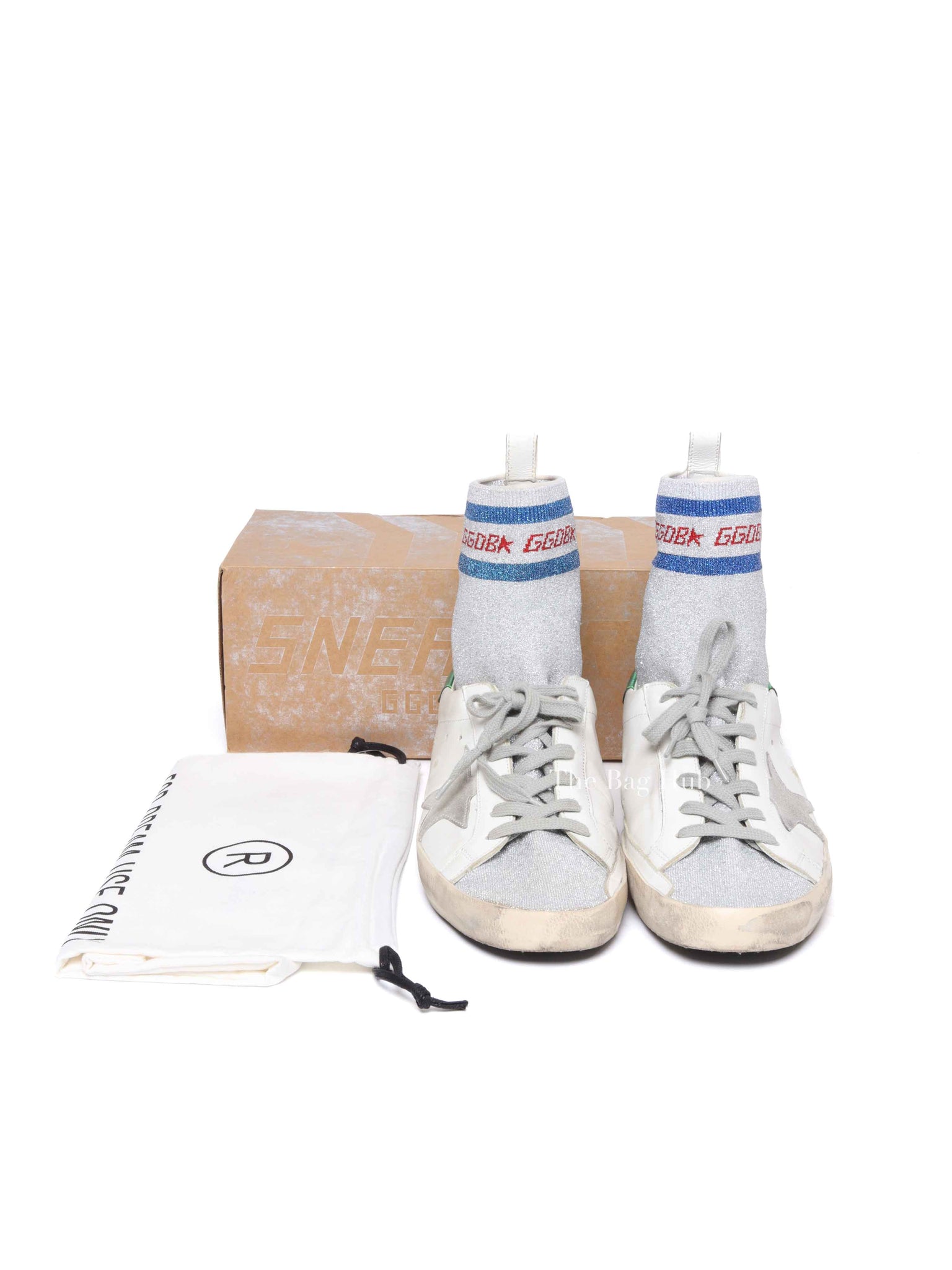 Golden Goose White Leather Silver Lurex Superstar Sock High-Top Sneakers Size 39