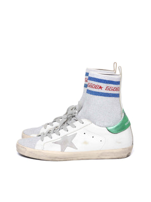 Golden Goose White Leather Silver Lurex Superstar Sock High-Top Sneakers Size 39