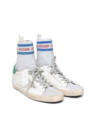 Golden Goose White Leather Silver Lurex Superstar Sock High-Top Sneakers Size 39