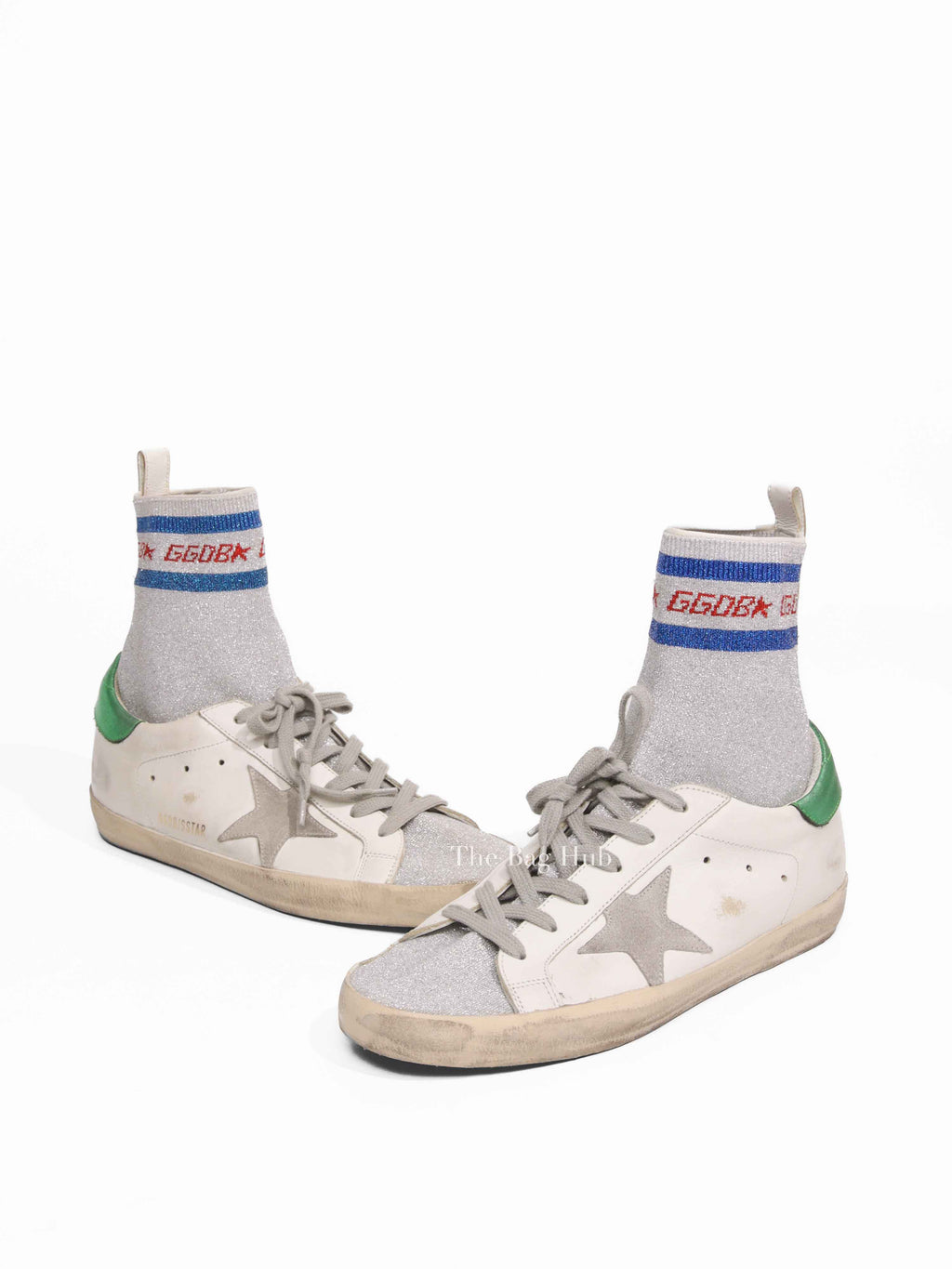 Golden Goose White Leather Silver Lurex Superstar Sock High-Top Sneakers Size 39