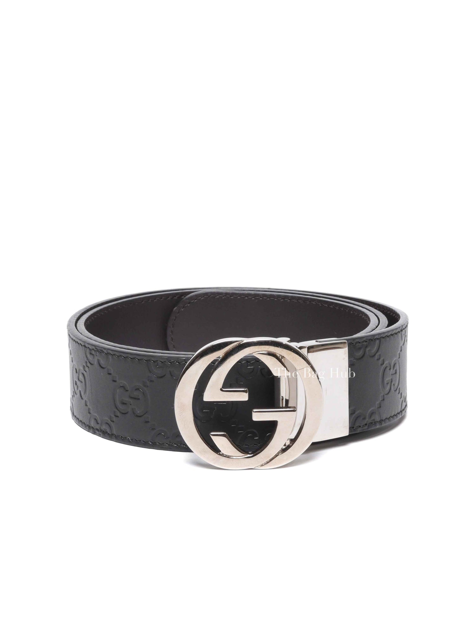 Gucci Black Cocoa Leather Guccissima Signature Interlocking G Reversible 37mm 85/34 Belt
