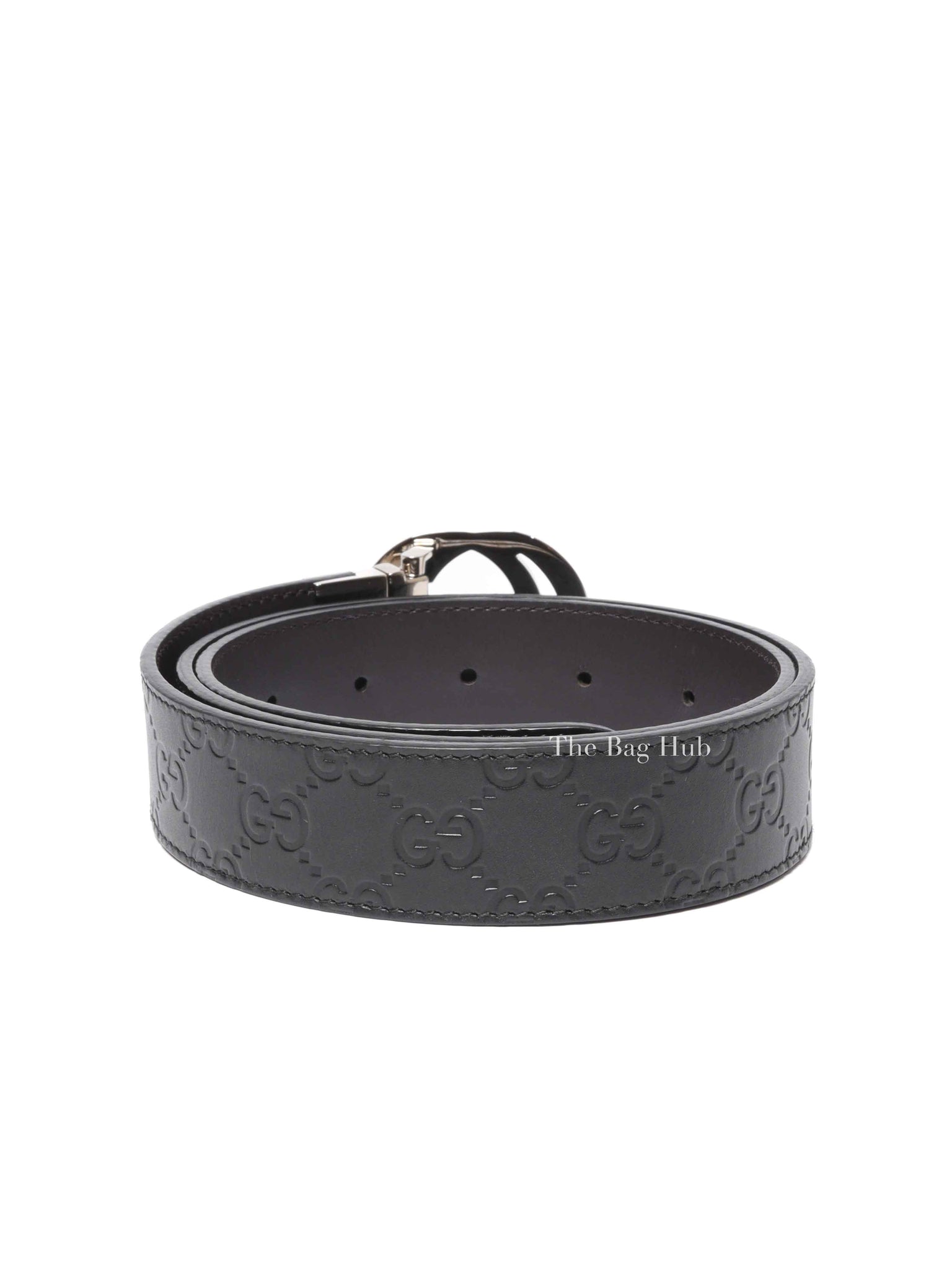 Gucci Black Cocoa Leather Guccissima Signature Interlocking G Reversible 37mm 85/34 Belt