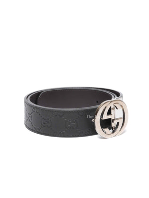 Gucci Black Cocoa Leather Guccissima Signature Interlocking G Reversible 37mm 85/34 Belt
