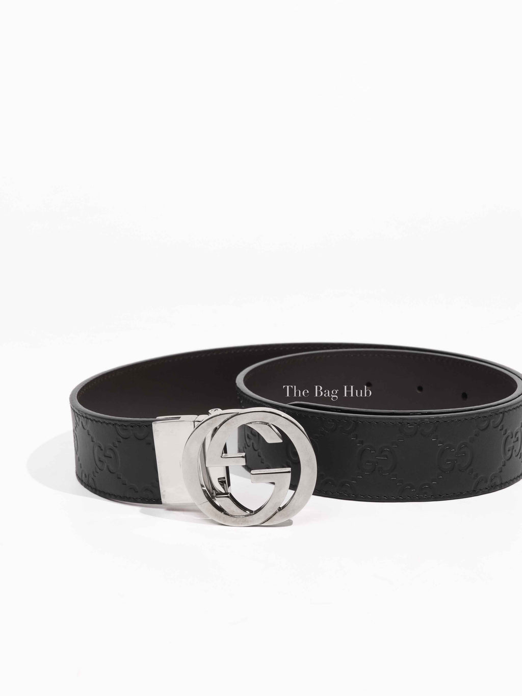 Gucci Black Cocoa Leather Guccissima Signature Interlocking G Reversible 37mm 85/34 Belt
