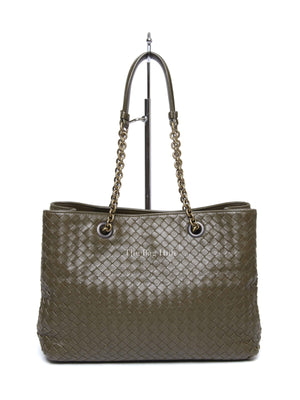 Bottega Veneta Green Intrecciato Leather Chain Tote Bag