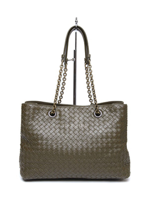 Bottega Veneta Green Intrecciato Leather Chain Tote Bag