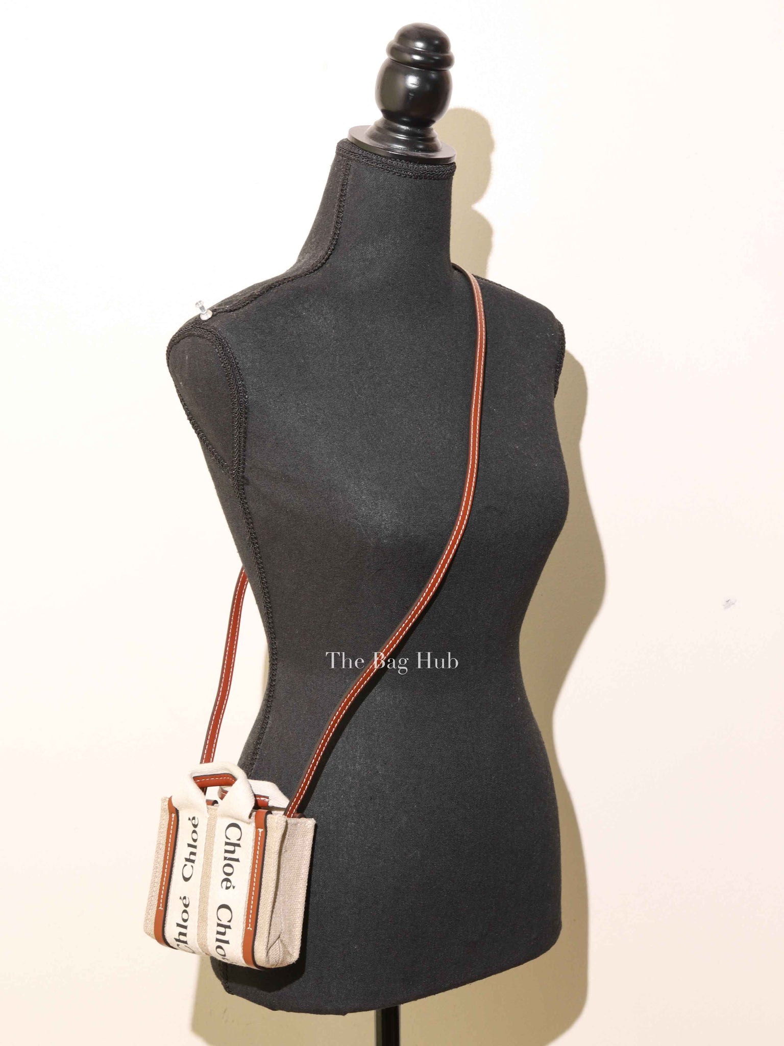 Chloe White/Brown Linen Canvas Nano Woody Tote Bag