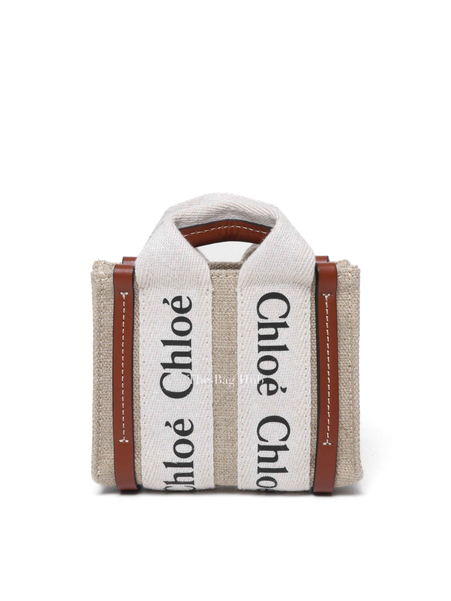 Chloe White/Brown Linen Canvas Nano Woody Tote Bag