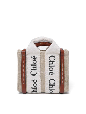 Chloe White/Brown Linen Canvas Nano Woody Tote Bag