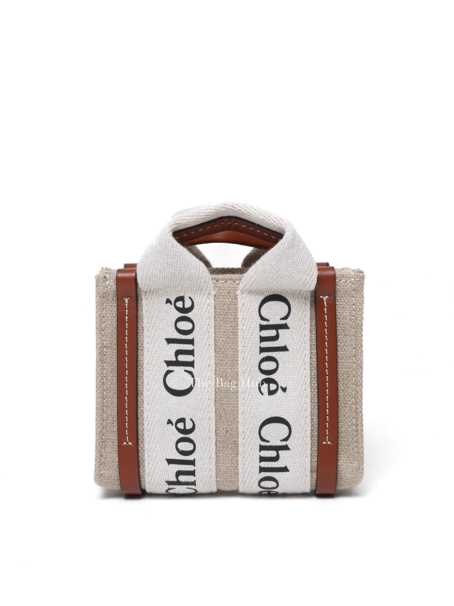Chloe White/Brown Linen Canvas Nano Woody Tote Bag