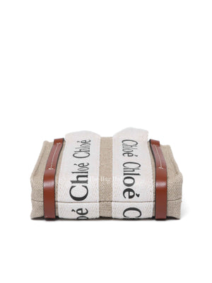 Chloe White/Brown Linen Canvas Nano Woody Tote Bag