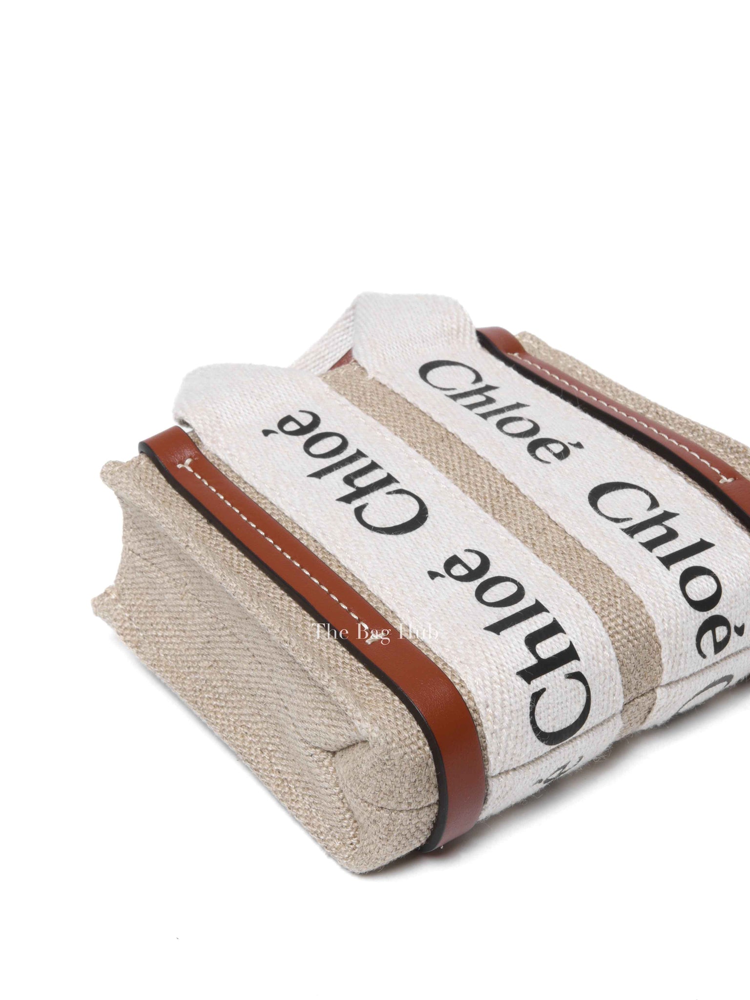Chloe White/Brown Linen Canvas Nano Woody Tote Bag