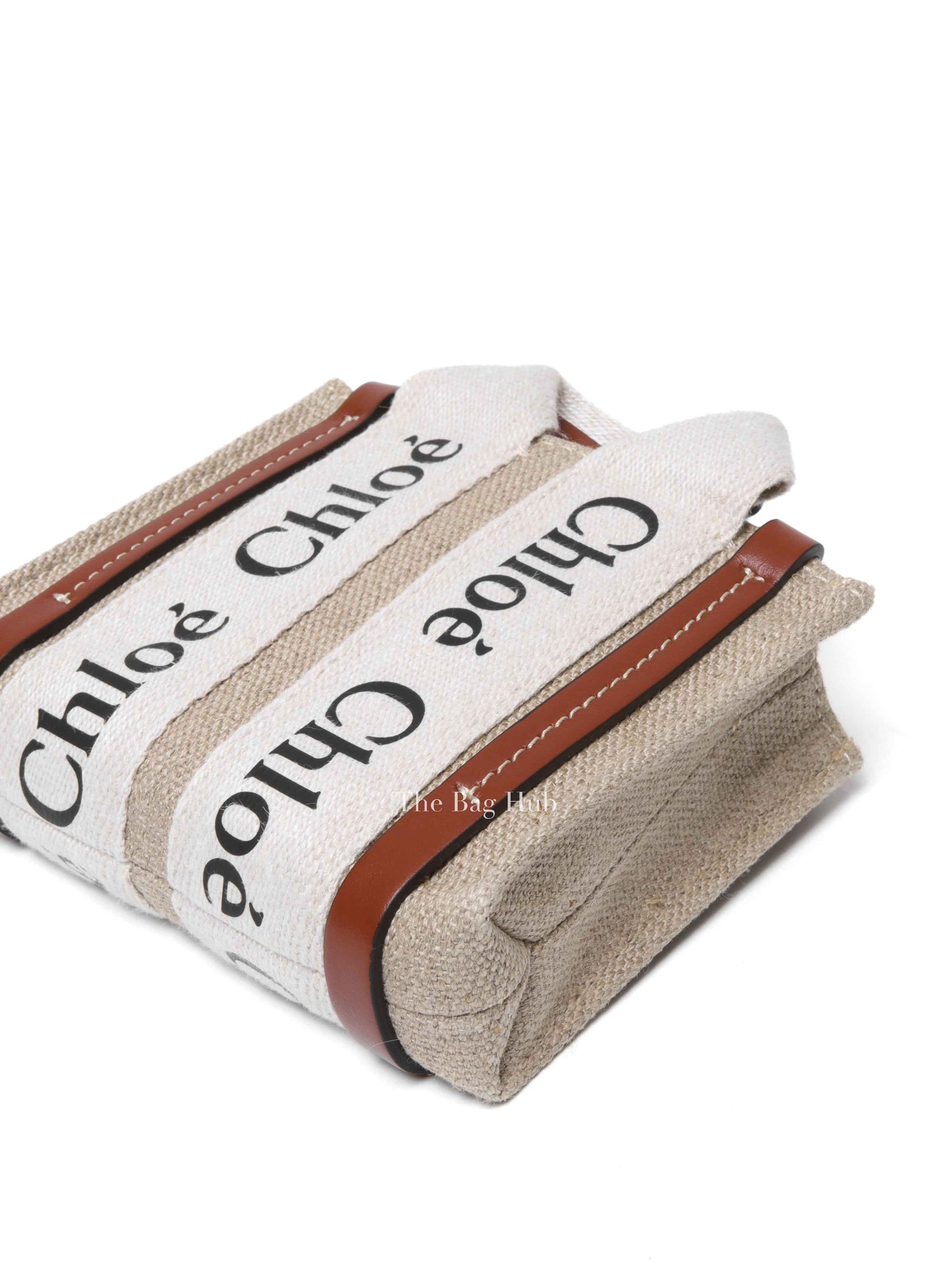 Chloe White/Brown Linen Canvas Nano Woody Tote Bag
