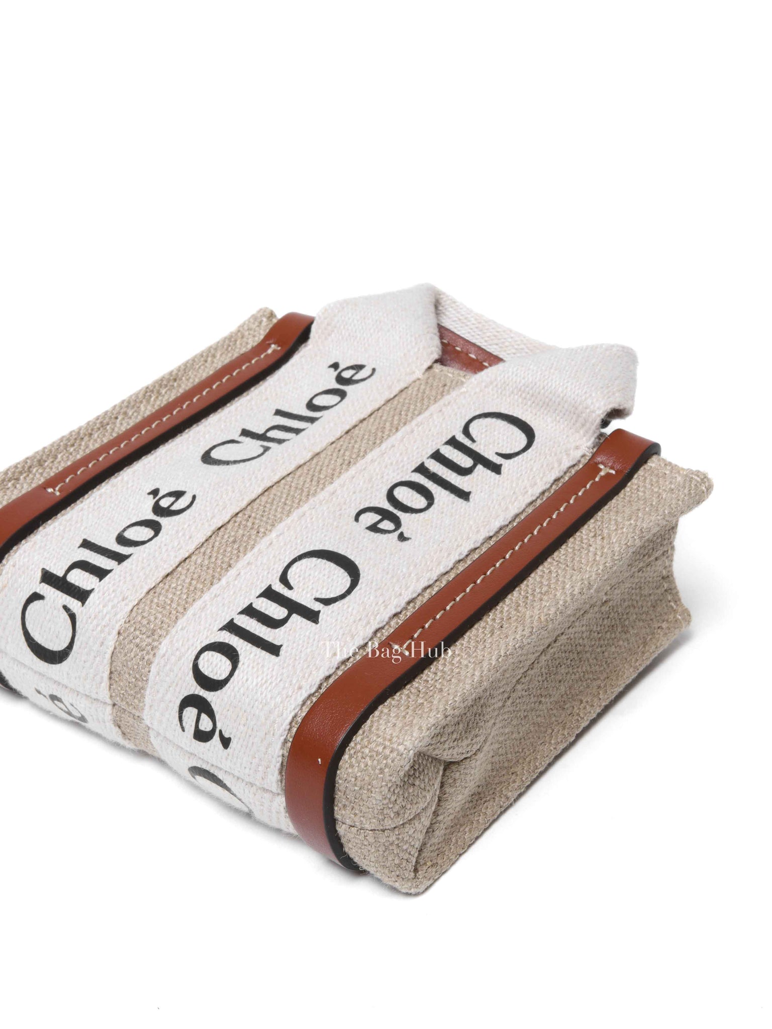 Chloe White/Brown Linen Canvas Nano Woody Tote Bag