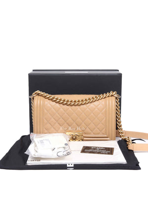 Chanel Light Brown Caviar Leather Le Boy Quilted Old Medium Flap Bag