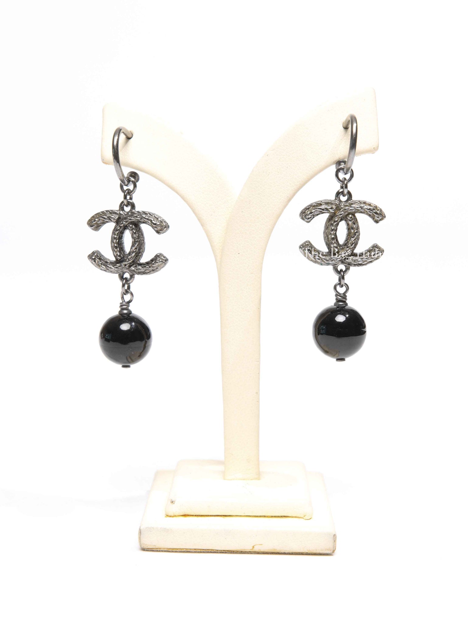 Chanel Ruthenium Black Bead Drop CC Earrings