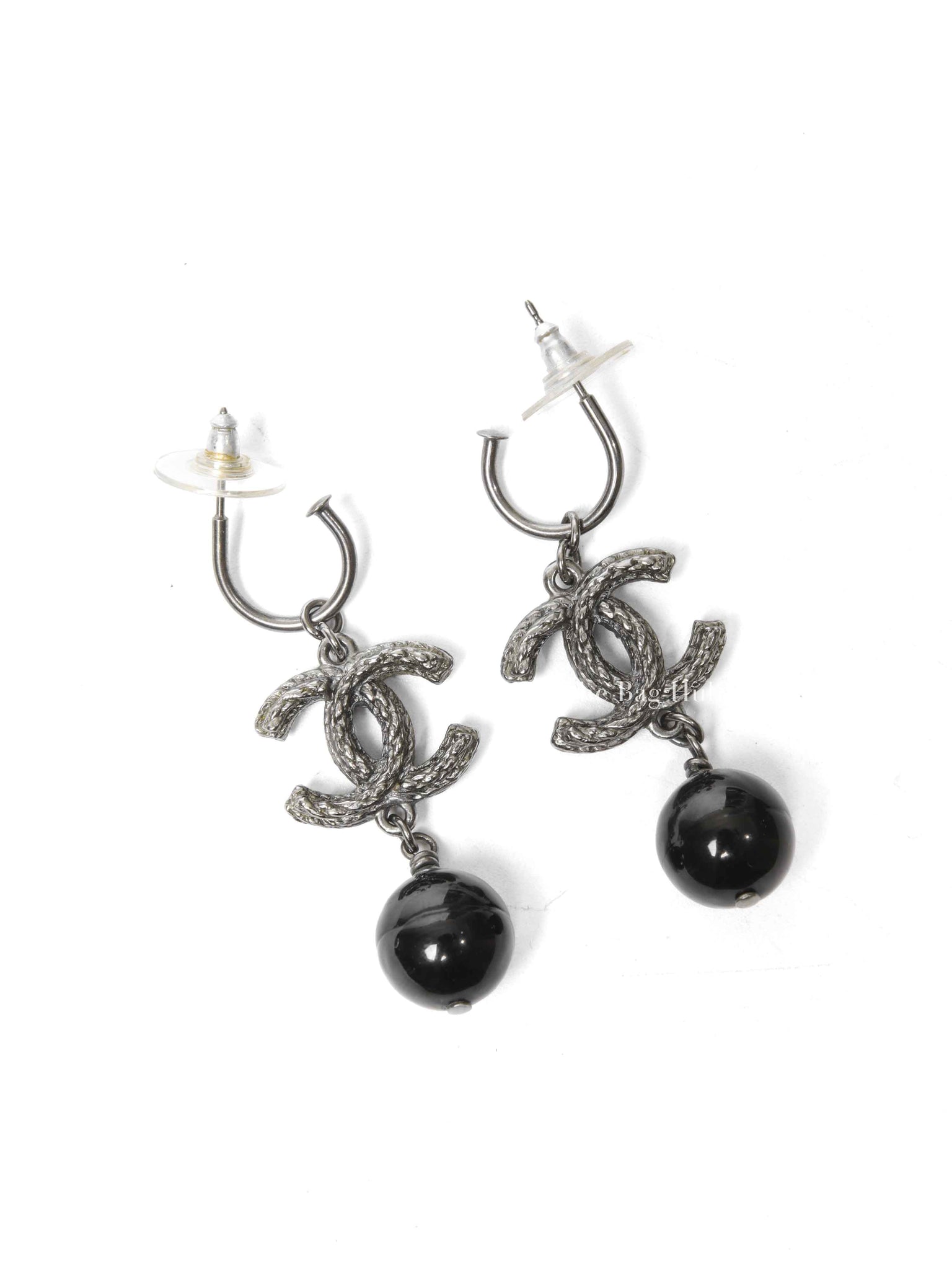 Chanel Ruthenium Black Bead Drop CC Earrings