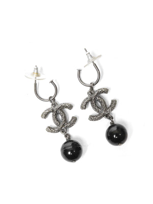 Chanel Ruthenium Black Bead Drop CC Earrings