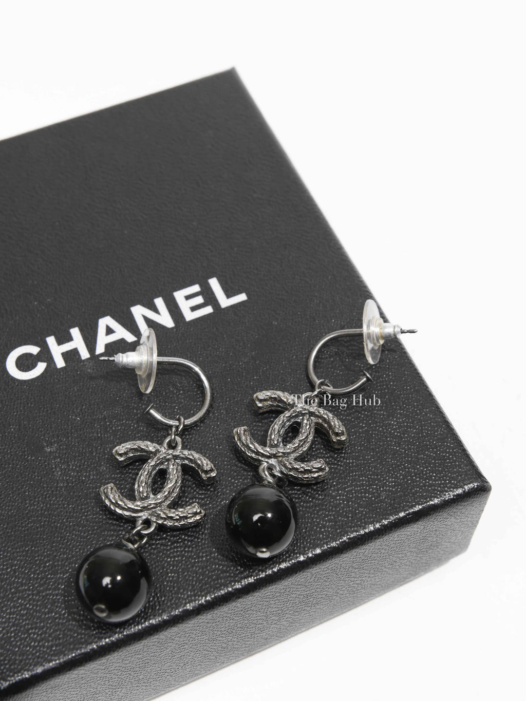 Chanel Ruthenium Black Bead Drop CC Earrings