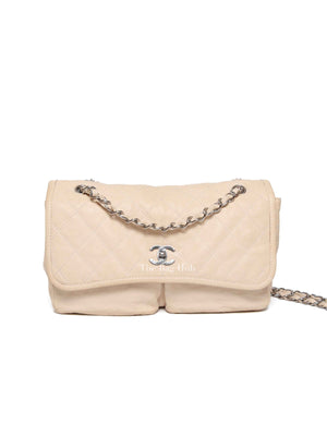 Chanel Light Beige Nubuck Leather Split Pocket Flap Bag