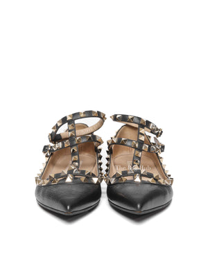 Valentino Black Leather Rockstud Ankle-Strap Ballet Flats Size 35