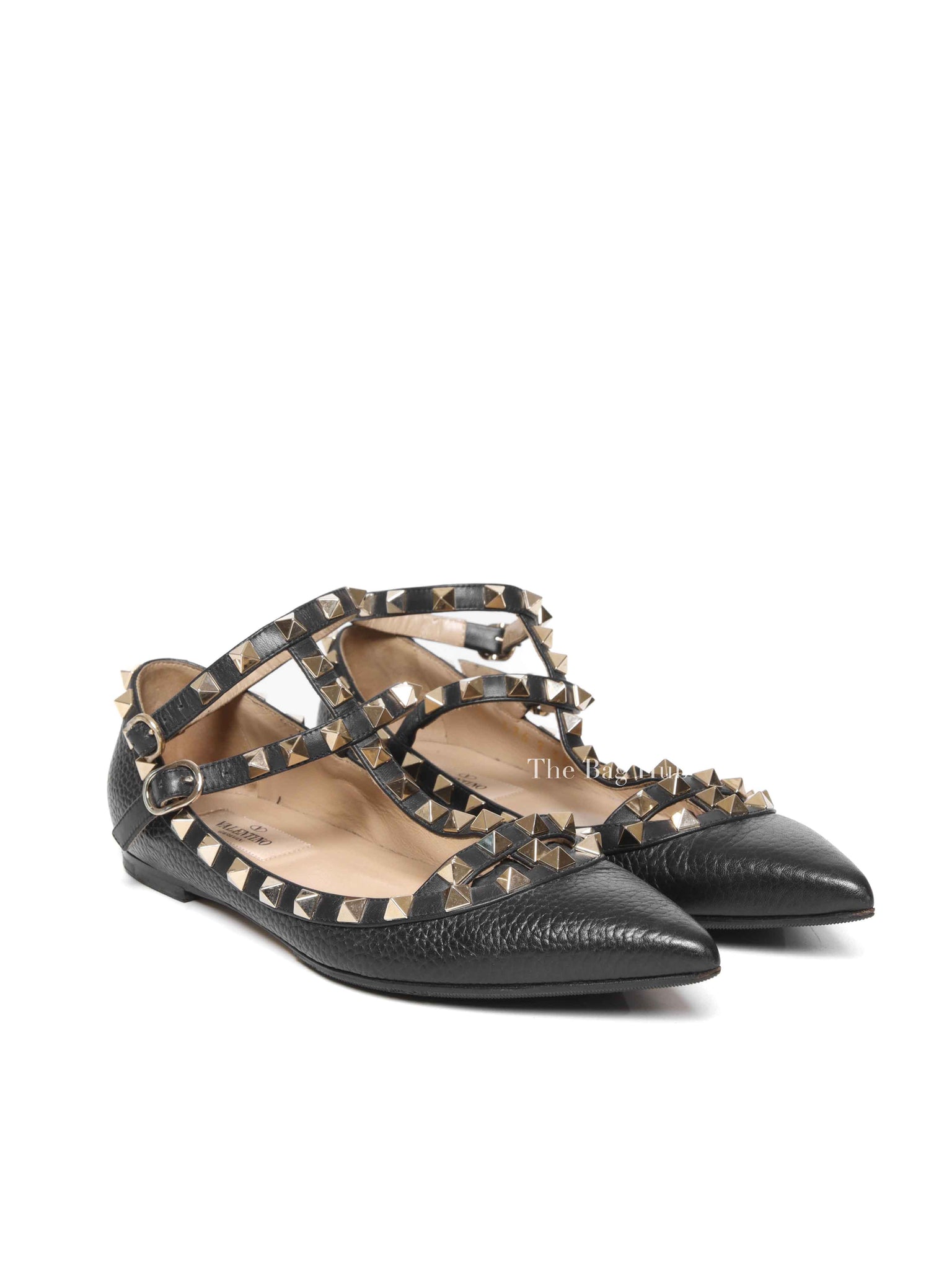 Valentino Black Leather Rockstud Ankle-Strap Ballet Flats Size 35
