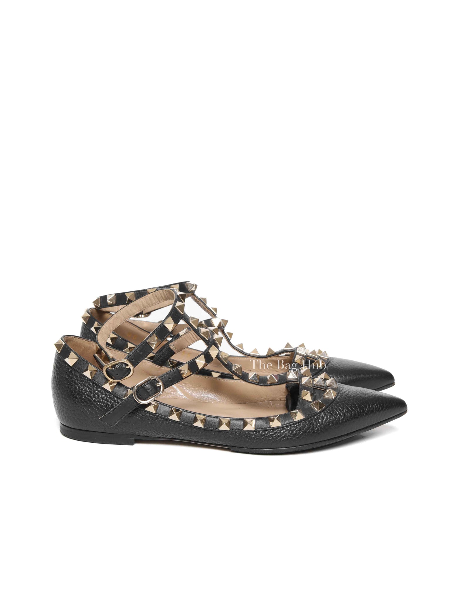 Valentino Black Leather Rockstud Ankle-Strap Ballet Flats Size 35