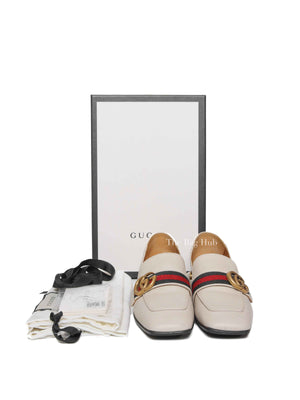 Gucci Mystic White Calfskin Pearl Embellished Peyton Betis Glamour Web 35mm Loafer Pumps Size 35