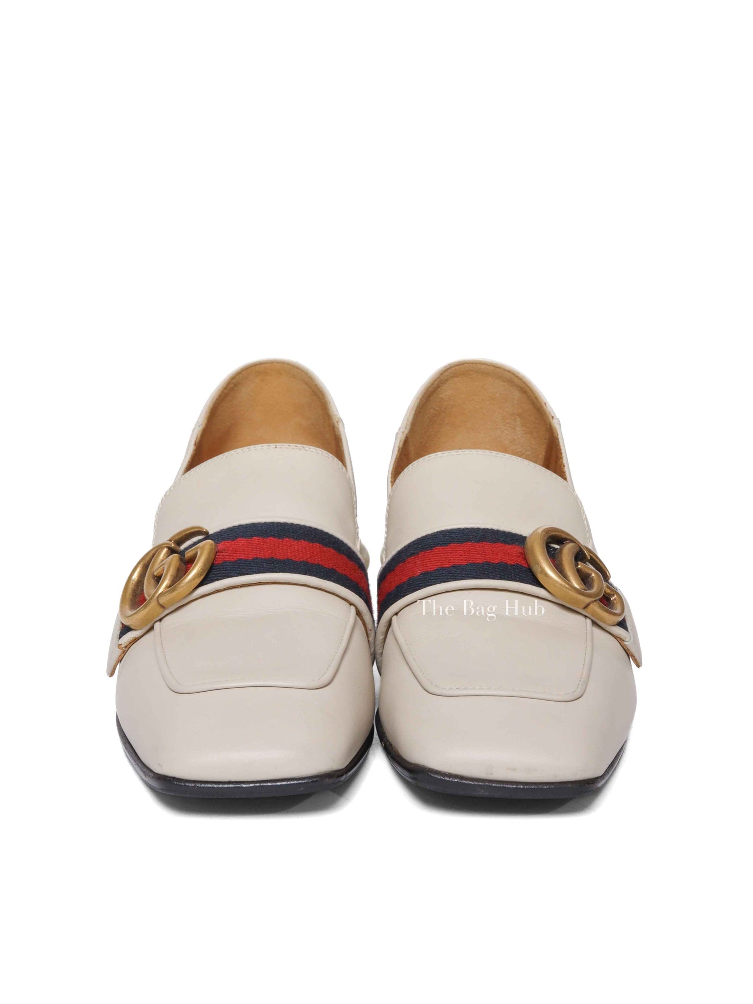 Gucci Mystic White Calfskin Pearl Embellished Peyton Betis Glamour Web 35mm Loafer Pumps Size 35