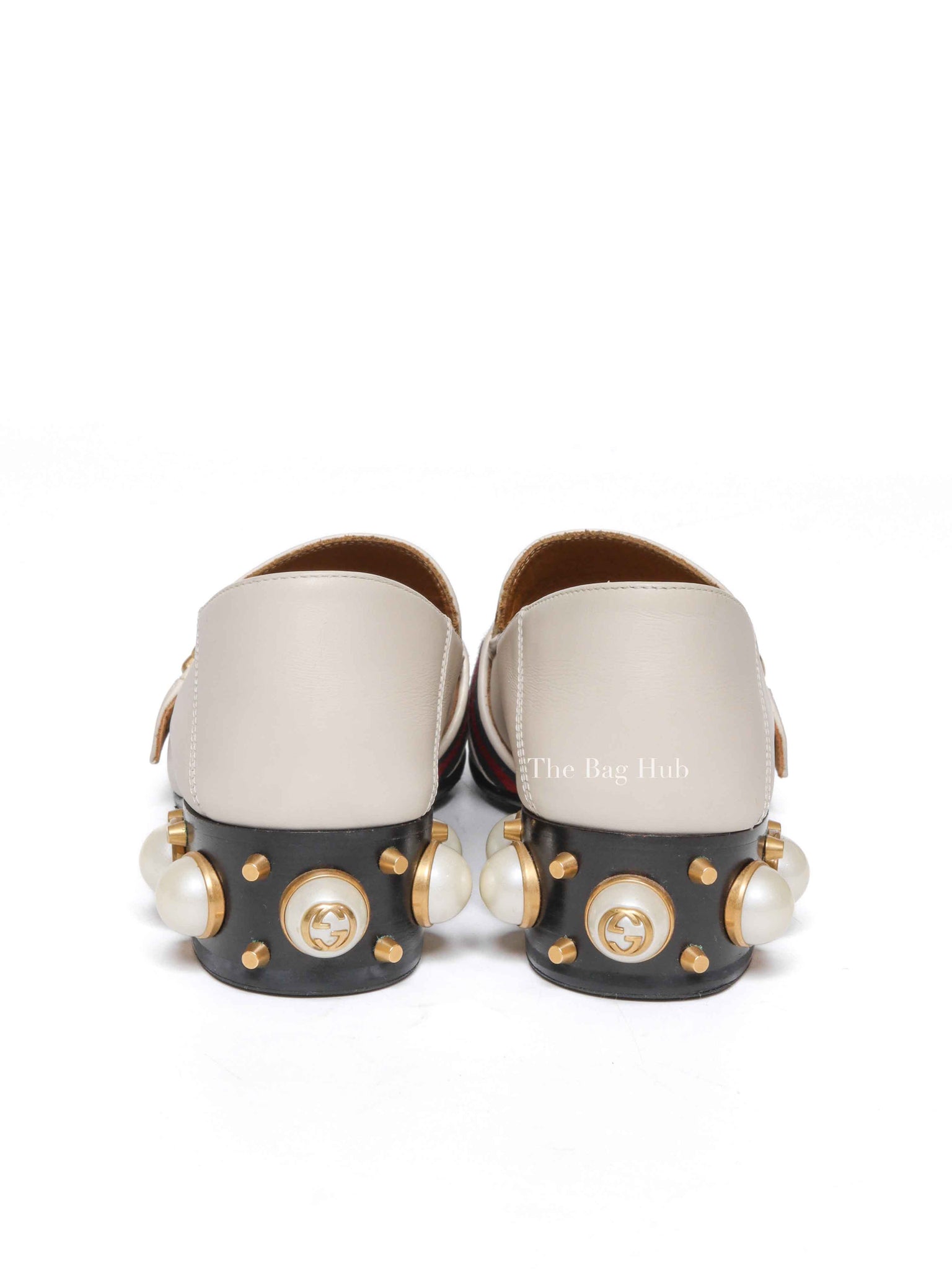 Gucci Mystic White Calfskin Pearl Embellished Peyton Betis Glamour Web 35mm Loafer Pumps Size 35