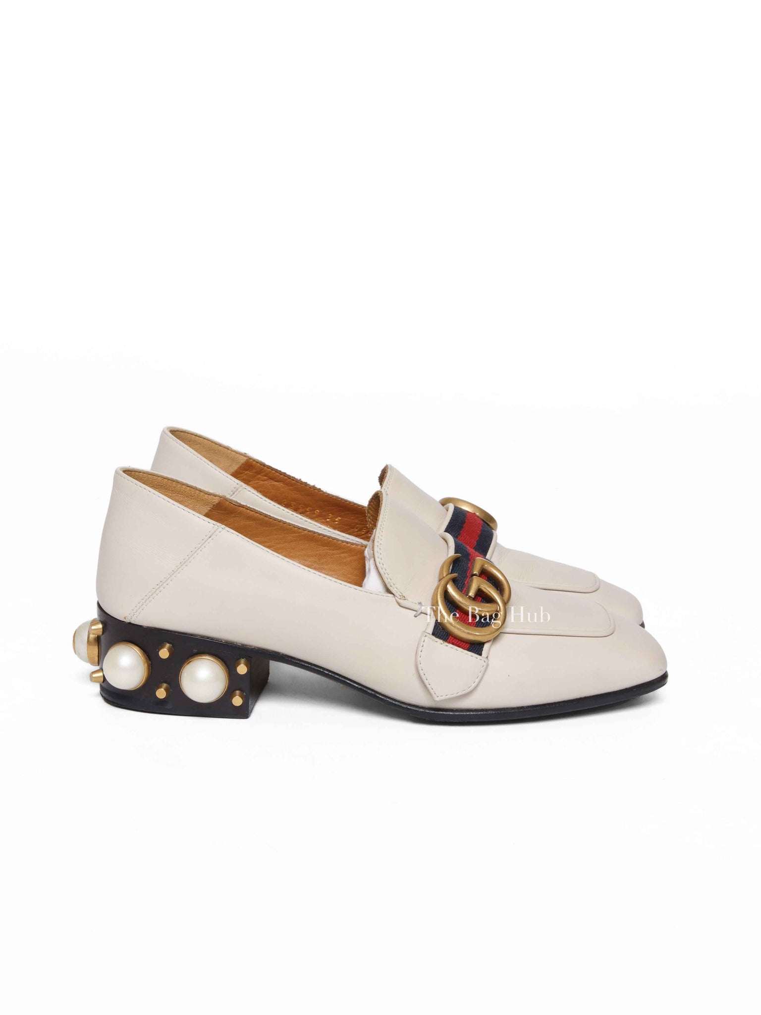 Gucci Mystic White Calfskin Pearl Embellished Peyton Betis Glamour Web 35mm Loafer Pumps Size 35
