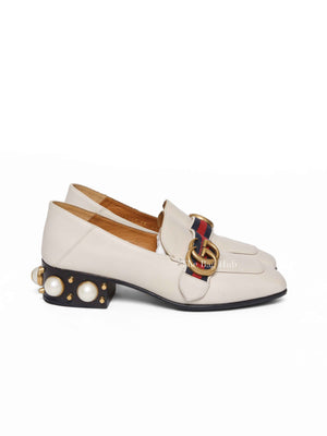 Gucci Mystic White Calfskin Pearl Embellished Peyton Betis Glamour Web 35mm Loafer Pumps Size 35