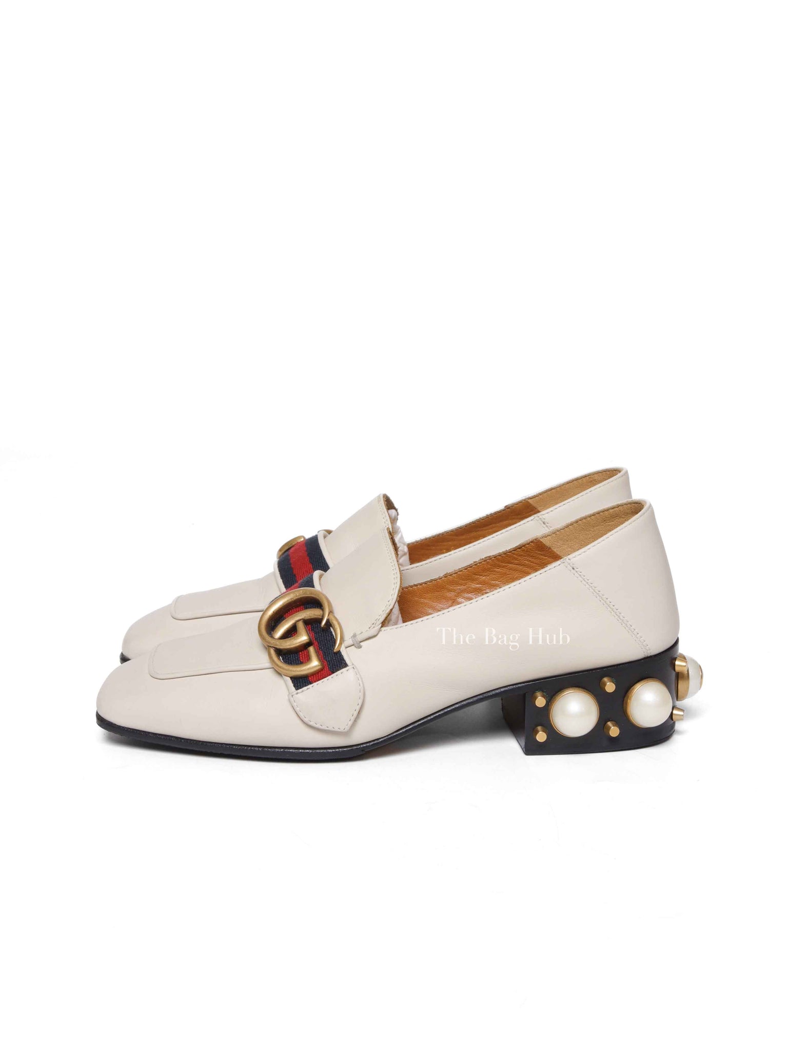 Gucci Mystic White Calfskin Pearl Embellished Peyton Betis Glamour Web 35mm Loafer Pumps Size 35